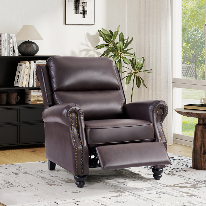 34.6" Wide Classic Super Soft Faux Leather Push-Back Recliner with Nailhead Trim, Brown