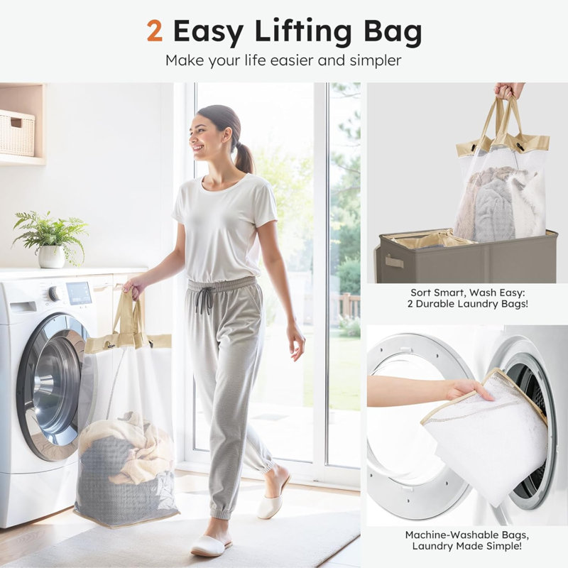 Large Double Laundry Hamper With Lid, Collapsible Clothes Hamper 2 Section With Removable Bags, Space-Saving Laundry Basket For Bedroom, Dorm, College