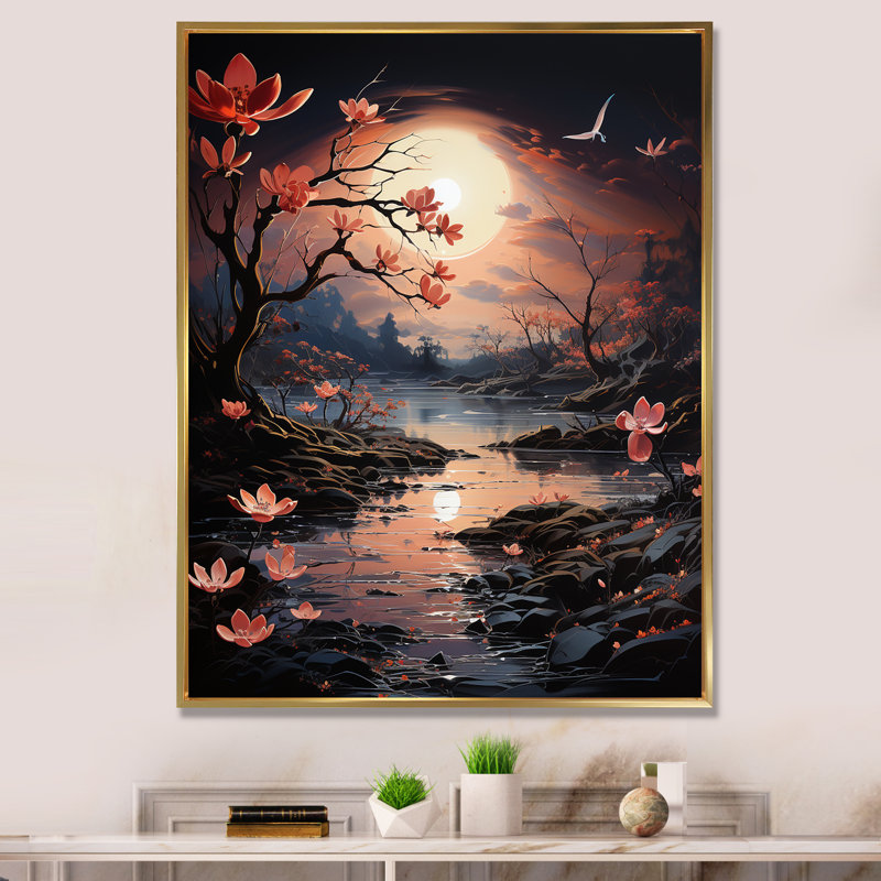«Blooming Night In surrealism River» sur toile, Cadre flottant doré, H 44 po x l 34 po x P 1,5 po