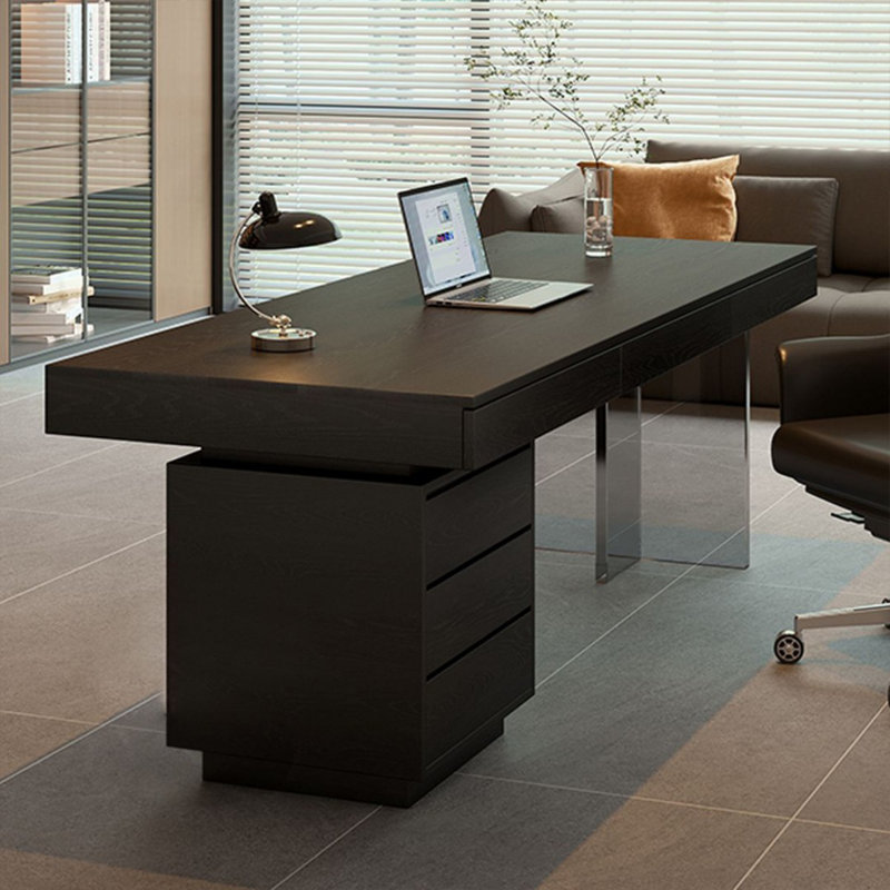 Bureau rectangulaire noir et gris en bois massif + acrylique avec 6 tiroirs, H 29,53 po x l 55,12 po x P 27,56 po