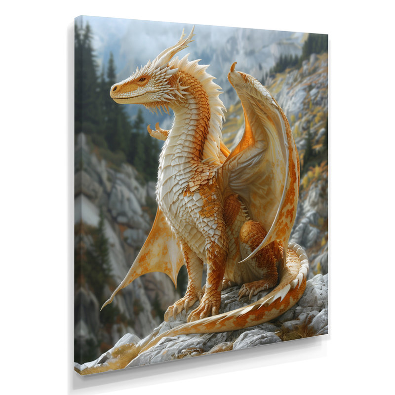 Yellow White Golden Wings Dragon - Dragons Wall Decor, Wrapped Canvas, 32" H x 24" W x 1" D