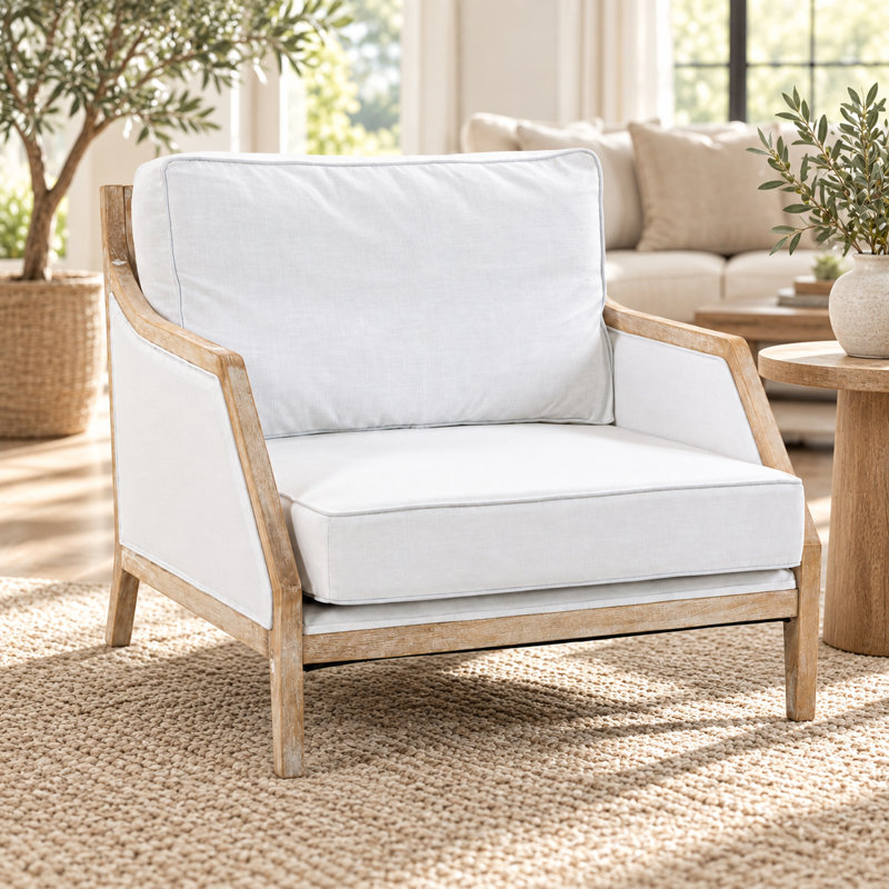 Fauteuil d'appoint surdimensionné en bois massif Farmhouse, méridienne confortable pour l'espace de vie intérieur, White, 1