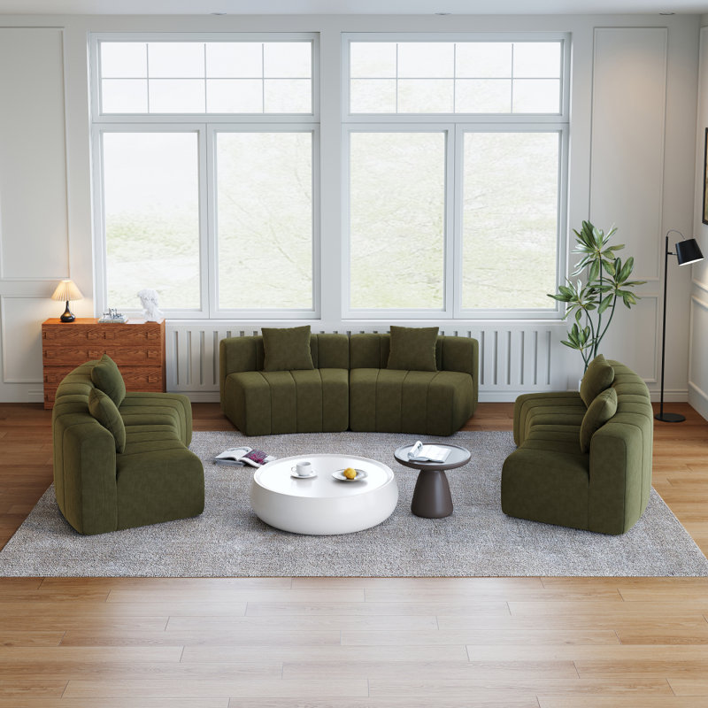 Canapé modulaire incurvé chenille avec 6 coussins Chenille, Vert