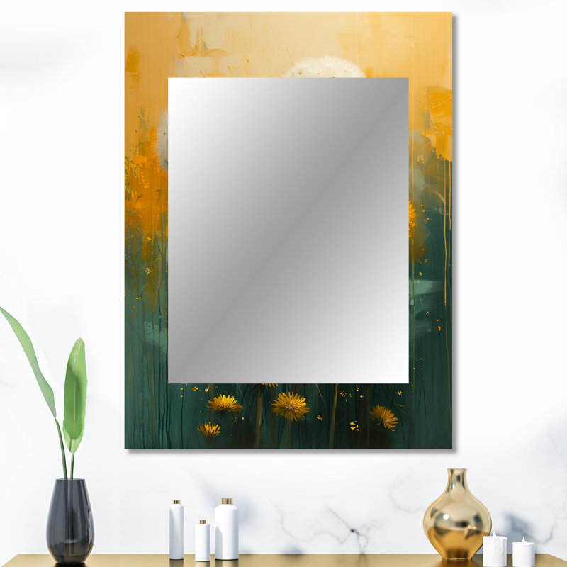 Art nouveau blanc et jaune pissenlit Collage II - miroir mural blanc moderne, 40 po x 30 po