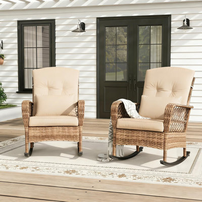 2 Piece Wicker Rocking Chair with Cushions, High Back Rattan Patio Chairs Set, Outdoor Rocker for Porch Balcony Garden, Removable Washable Covers 330 lbs