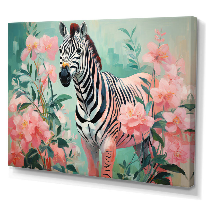 Rose et vert floral zèbre III - Art mural animal zèbre, Toile tendue, H 16 po x l 32 po x P 1 po