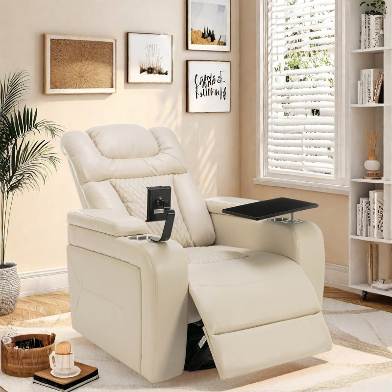 Power Recliner Chair With Side Control Buttons, Usb Port, Tray Table, Cup Holders, Rocking And 270° Swivel, Phone Holder, Pu Leather Recliner With Sturdy Frame And Footrest
