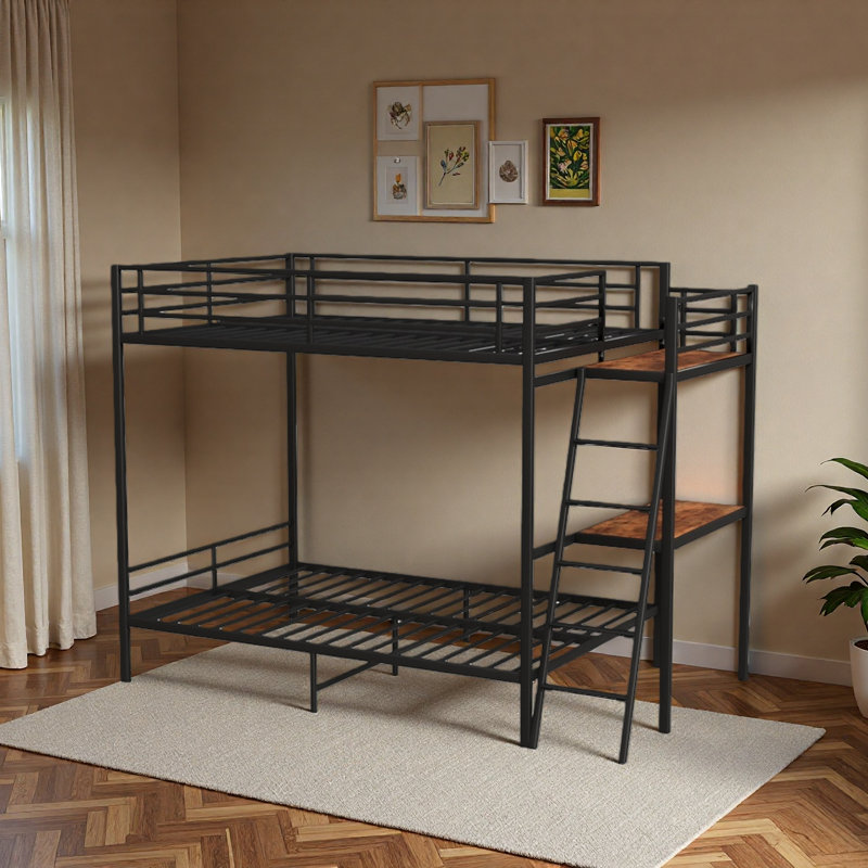 Full Size Bunk Bed With LED Light And Charging Socket, Black