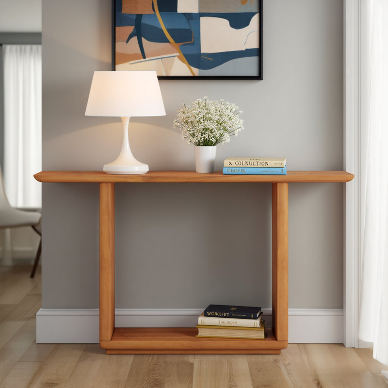 Console 59,8 po avec plateau en placage d'acacia et grand espace de présentation, Bois naturel