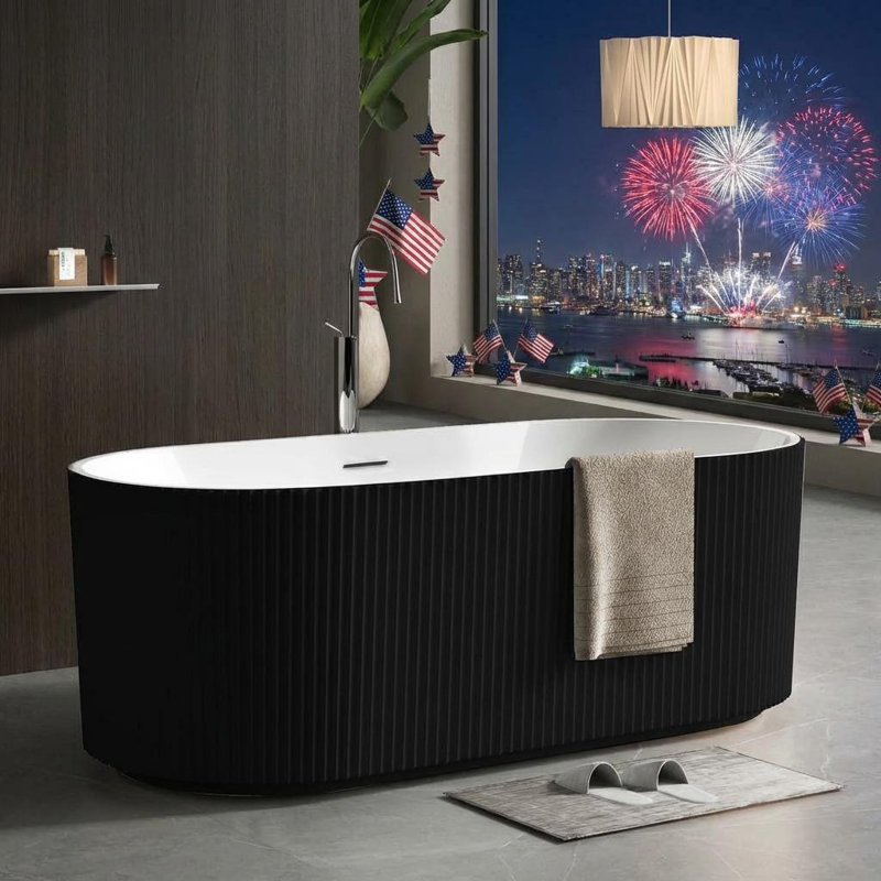 Acrylic Freestanding Bathtub, Deep Soaking Stripe Tub with Drain, Solid Surface Stand Alone Bath, Contemporary Indoor Bathroom Spa Tub for Adults, Large Foot Soak