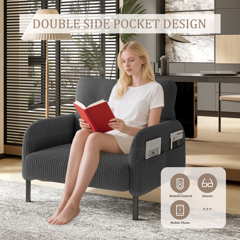 Chaise d'appoint rembourrée en velours côtelé Modern, Gris