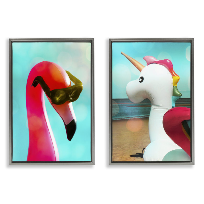  Unicorn & Flamingo Basking, ensemble de 2 toiles flottantes encadrées par Graffi *ee Studios, Cadre flottant gris lustré