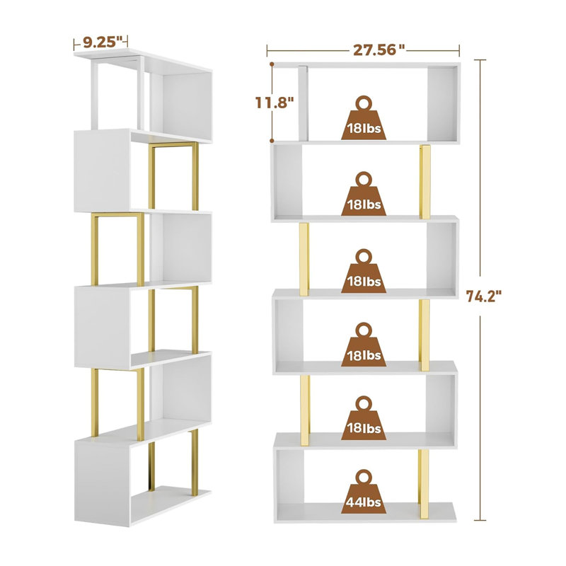 Bibliothèque à 6 niveaux en forme de S, une étagère de rangement décorative moderne en bois autoportante, Doré