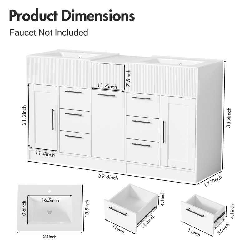 60" Modern White Freestanding Double Sink Bathroom Vanity Set with Integrated Sinks and Storage, White