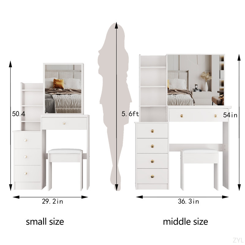 Petit meuble-lavabo de 29,2 po avec tabouret gauche et tabouret rembourré, très grand miroir coulissant à droite, rangement multi-couches grande capacité, commode pratique et pratique, convient aux petits espaces