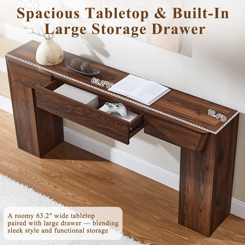 63'' Farmhouse Console Table With Drawer, Wood Sofa Table For Entryway Hallway Living Room, Brown