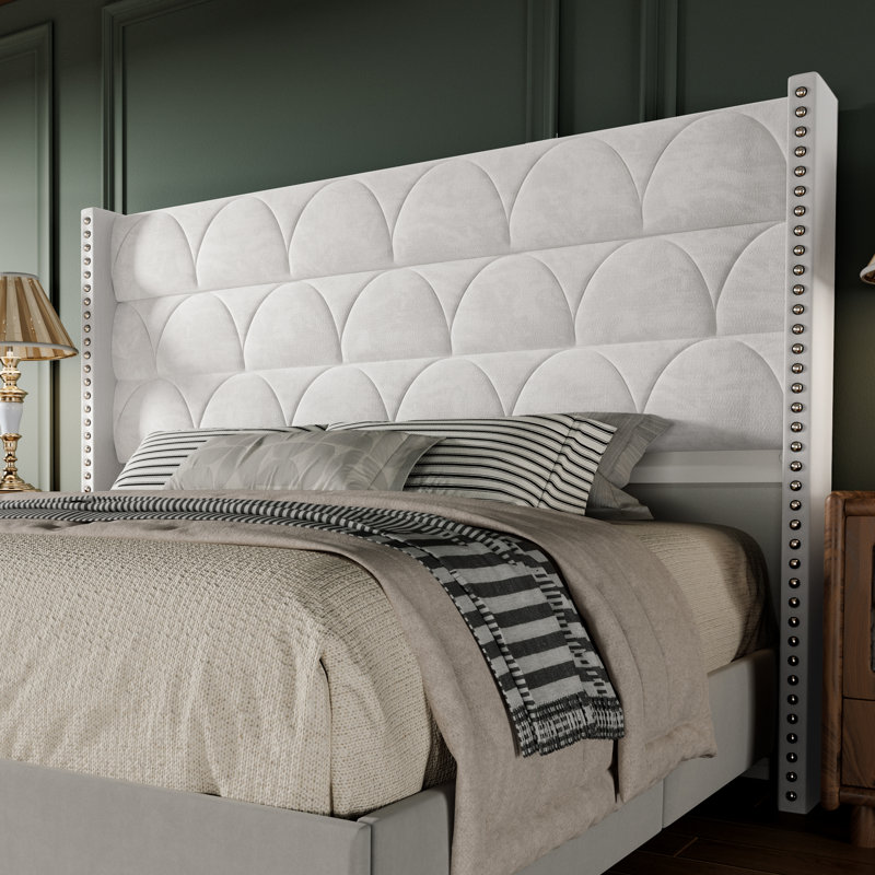 56" High Back Velvet Upholstered Wingback Headboard, Floor-Standing For Adjustable Mattress Heights, Cream, King