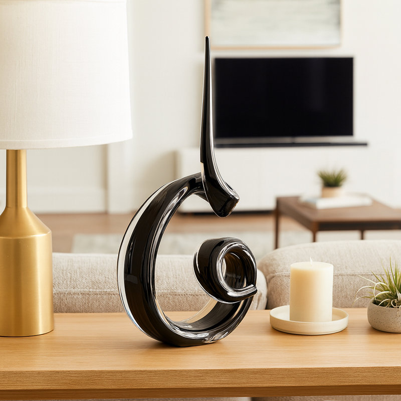 Stylish Abstract Swirl Glass Sculpture Statue - Decorations For Living Room, And Home Decor - Decorative Objects For Mantel Accent - 16", Black