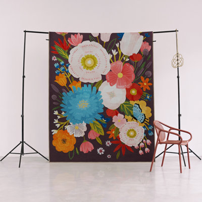 Dark Gray Themed Multi-Colored Rose Patterned Creative Modern Decorative Rug
