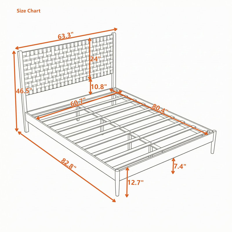 Lit plateforme en bois avec tête de lit en cuir végétalien tissé, Grand lit, Marron foncé