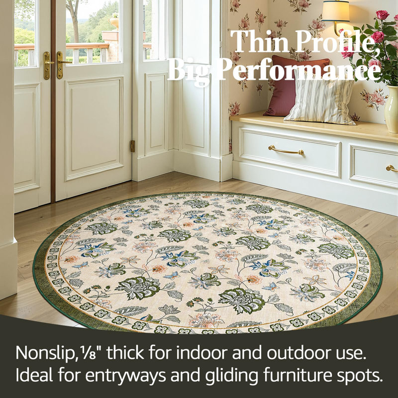 Chinoiserie Floral Rug Vintage Romance Design Washable Non-slip Green/Beige, Round 5', Green/Beige