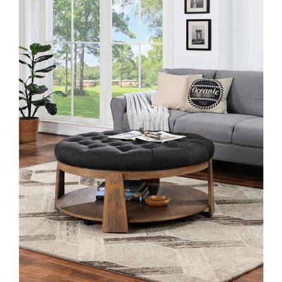 Repose-pieds capitonné de style transitionnel à assise profonde en lin avec tablette ouverte ton naturel / gris foncé | Structure en bois | Noyer brun