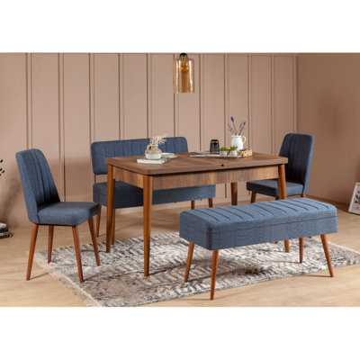 Karyana Scandinavian Extendable Dining Table & Chairs Set (5 Pieces) | Walnut & Dark Blue | Table: 50.8 x 29.5 x 31.5 in, Open: 64.2 in | Chairs: 18.5