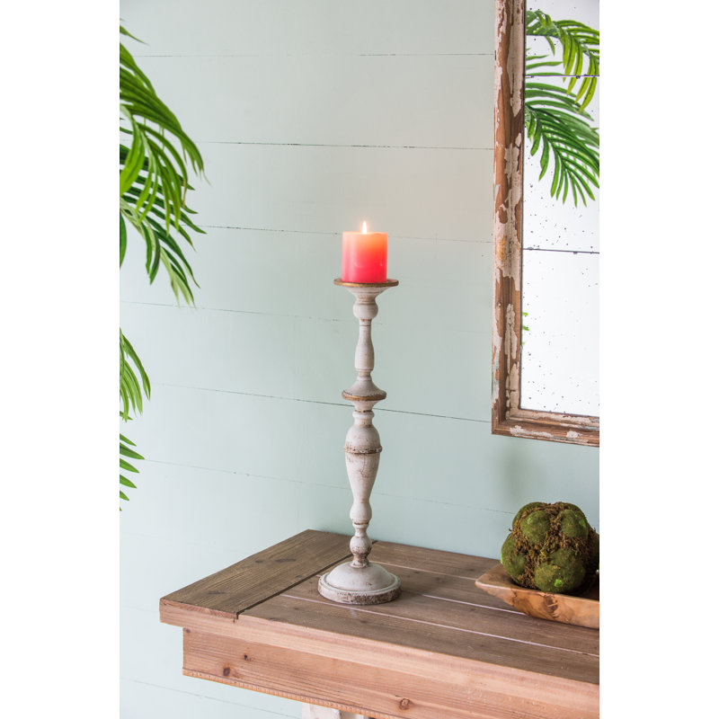 19” Tall Antique White Metal Candlestick, French Country Style Candle Holder, for Tabletop, Mantel, Dresser, Home and Office Decor