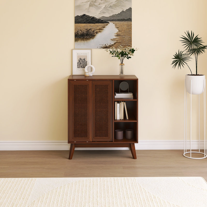 Modern Rattan Sideboard With Adjustable Shelves, Walnut