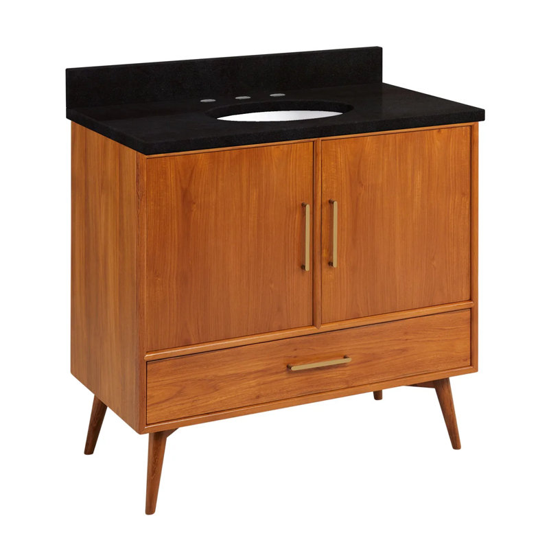 36" Novak Single Bathroom Vanity Set with Oval Undermount Sink, Natural Teak, 8" Widespread, Feathered White Quartz