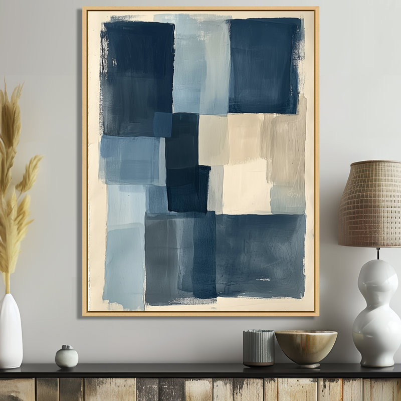 Carrés indigo superposés I - Tableau géométrique encadré, H 44 po x l 34 po, Cadre naturel flottant