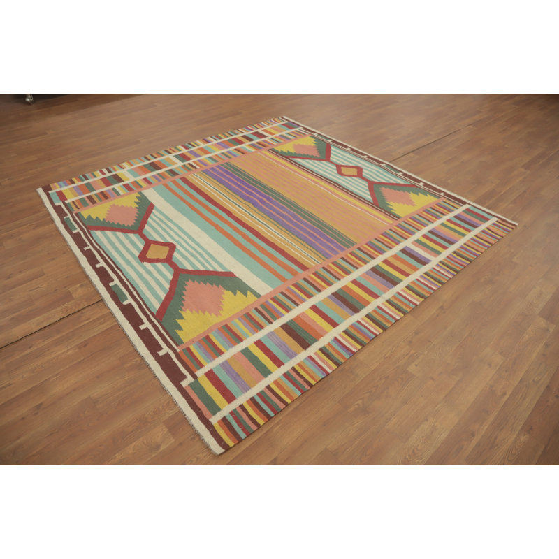 Tapis carré rayé en laine Kilim 7 x 7