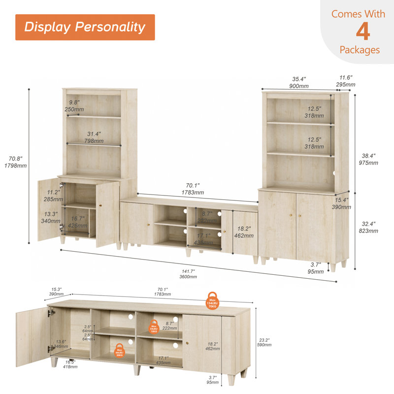 TV Stand And Bookcase Set With Cabinets & Shelves For 75" Tvs, Light Oak
