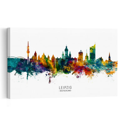 Aquarelle représentant la ligne d'horizon de Leipzig, une architecture contemporaine abstraite, estampe murale.