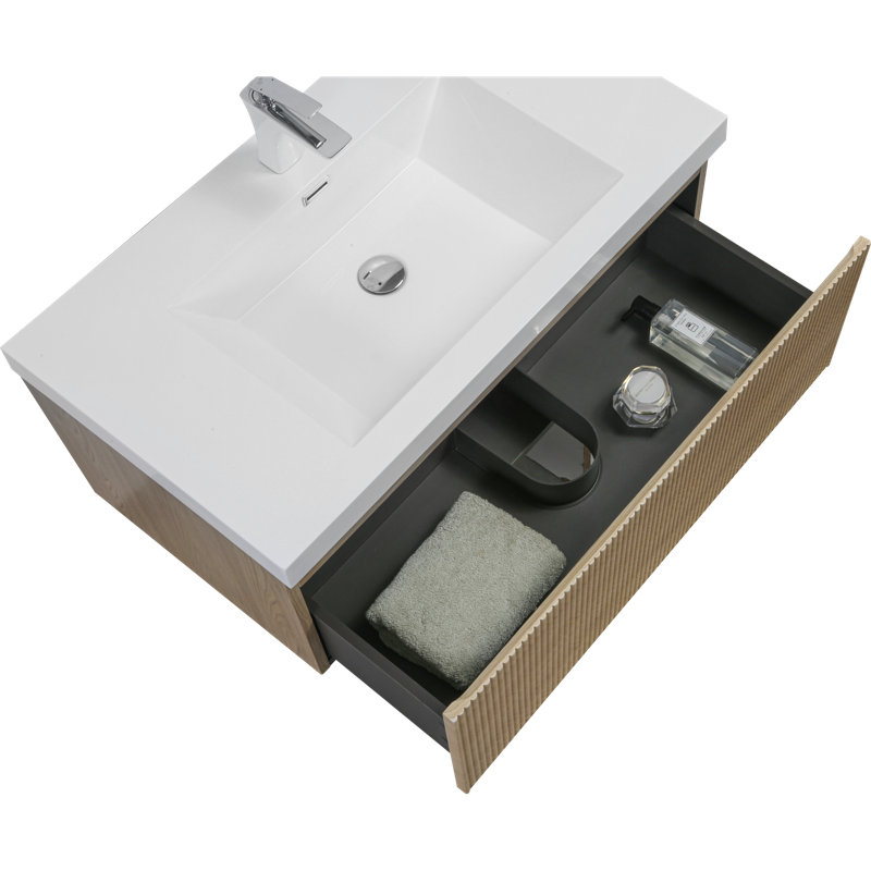 Meuble-lavabo mural moderne en chêne avec lavabo en résine de pierre pour une salle de bain élégante
