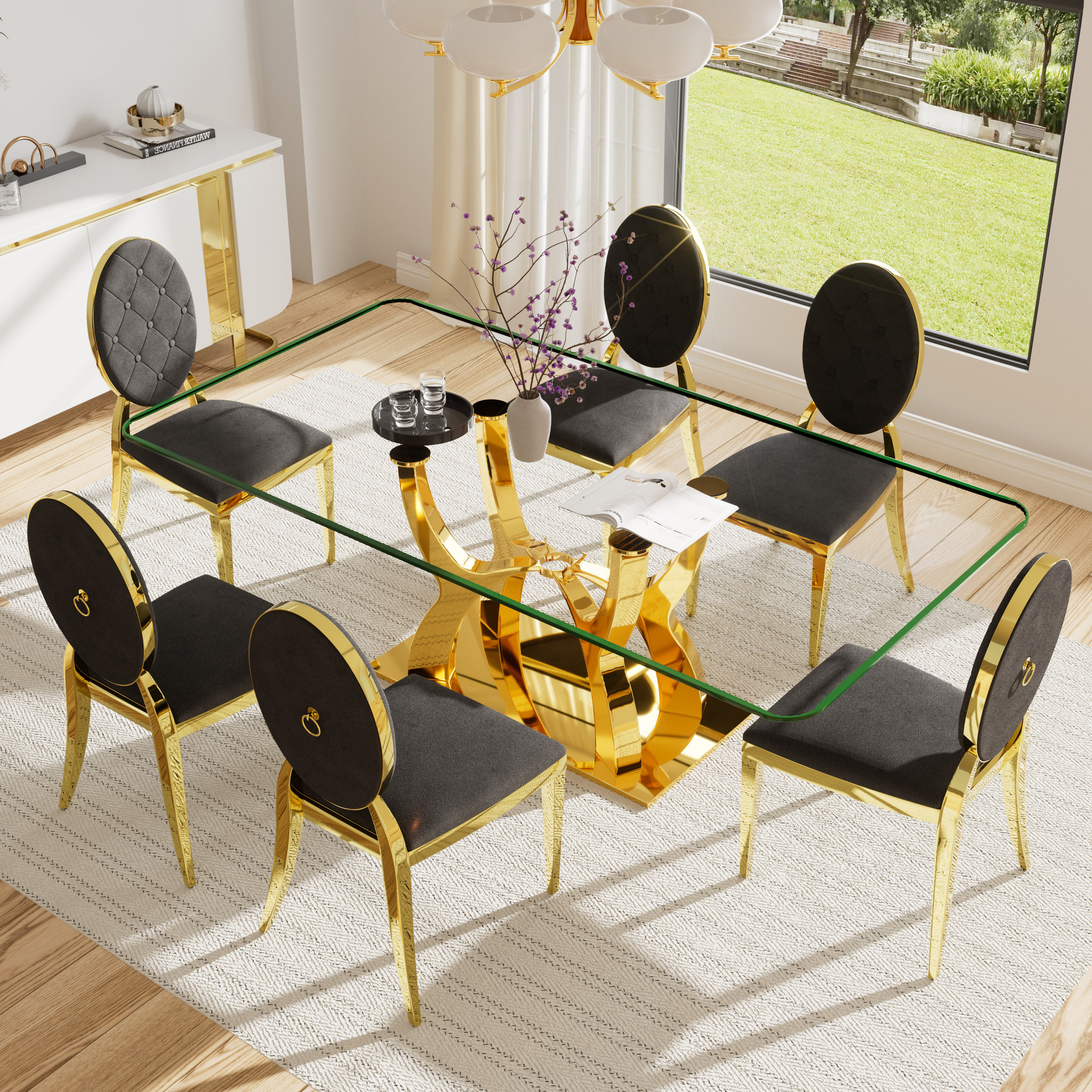Rosdorf Park Rectangle Tempered Glass Dining Table Set with