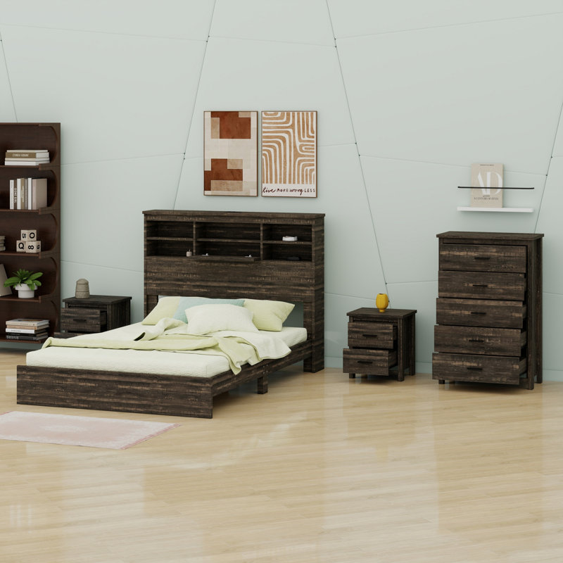 Ensemble de mobilier de chambre à coucher comprenant une base de lit avec tête de lit et 2 tables de chevet avec tiroirs et commode à 5 tiroirs