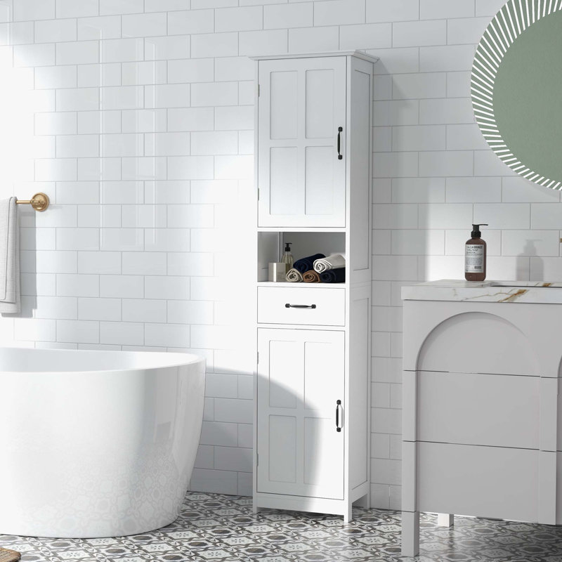 Armoire de rangement mince, armoire de salle de bain haute, tour à linge avec tablette ouverte, tiroir, portes encastrées et tablettes réglables