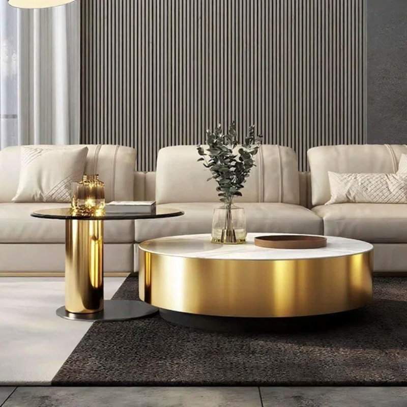Table basse gigogne de luxe moderne entièrement assemblée avec 1 tiroir, base dorée et panneaux de roche en verre Ninah