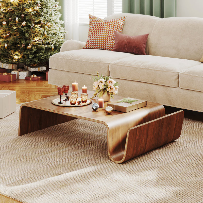 41" Modern Minimalist Brown Coffee Table, Solid Wood Veneer, Retangular Coffee Table for Livingroom