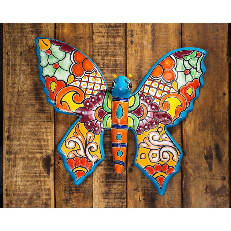 Bungalow Rose Handmade Mexican Talavera Pottery Ceramic Large Butterfly  Indoor Outdoor Wall Art Turquoise Wayfair