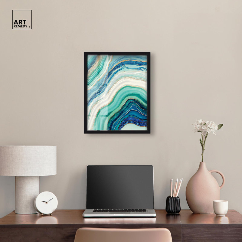 Art abstrait bleu et vert I, Shadowbox, art abstrait bleu sarcelle par Art Remedy, H 21 po x l 17 po, Noir