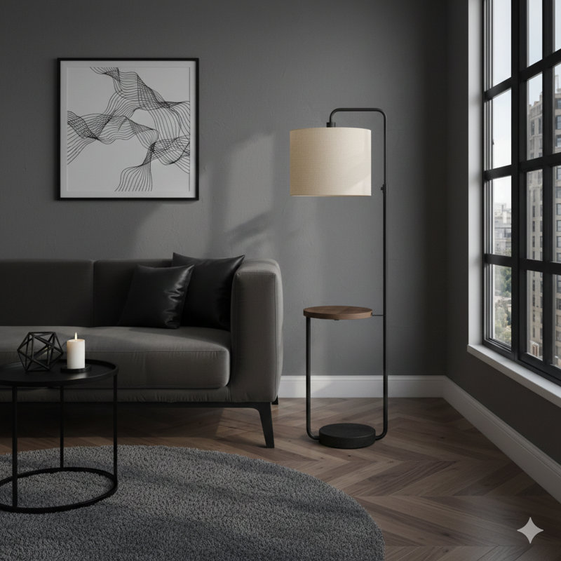 Lighting, H 67 po, lampe sur pied, port USB inclus, métal noir, abat-jour ivoire / crème, contemporain