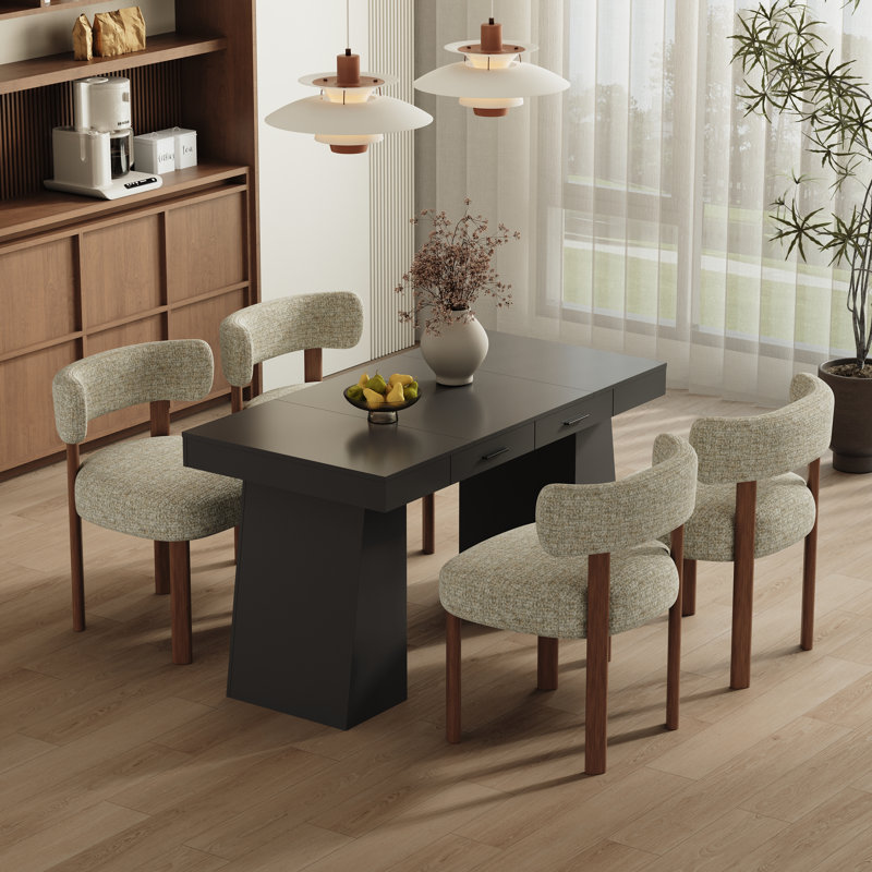Ensemble de table et de chaises de salle à manger en bois avec 2 tiroirs, Noir, Chameau