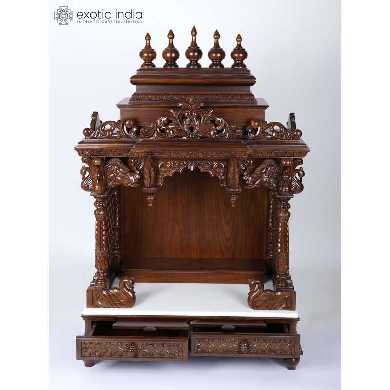 48" Large Wood Carved Designer Puja Temple with Double Drawers