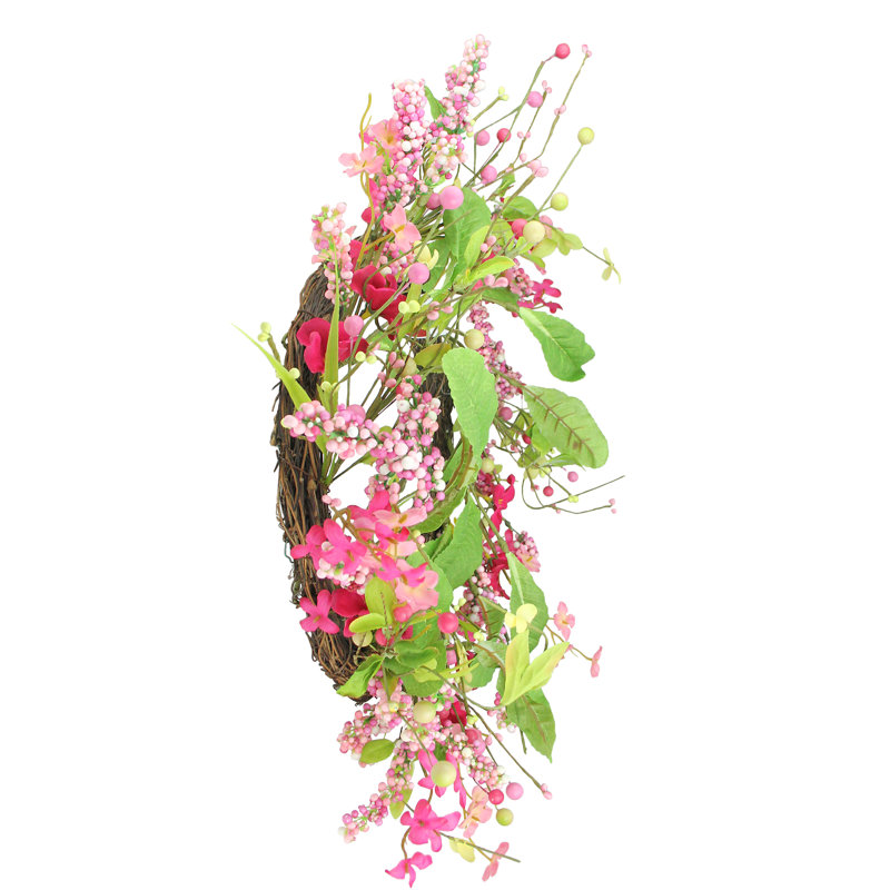 Pink and White Artificial Geranium Floral Wreath with Green Foliage - 18-Inch