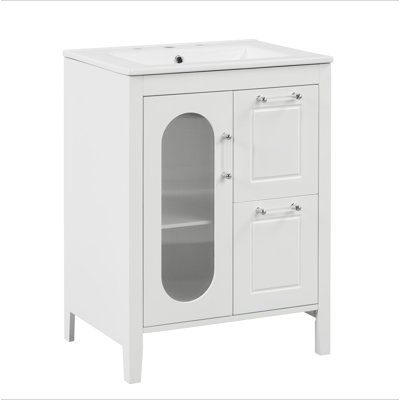 Meuble-lavabo 24 po avec lavabo, meuble-lavabo avec deux tiroirs et porte, tablette réglable, bois massif et panneau de fibres à densité moyenne