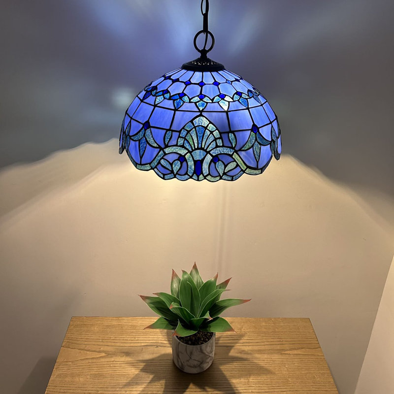 Blue Stained Glass Baroque Style Bronze LED Pendant Light