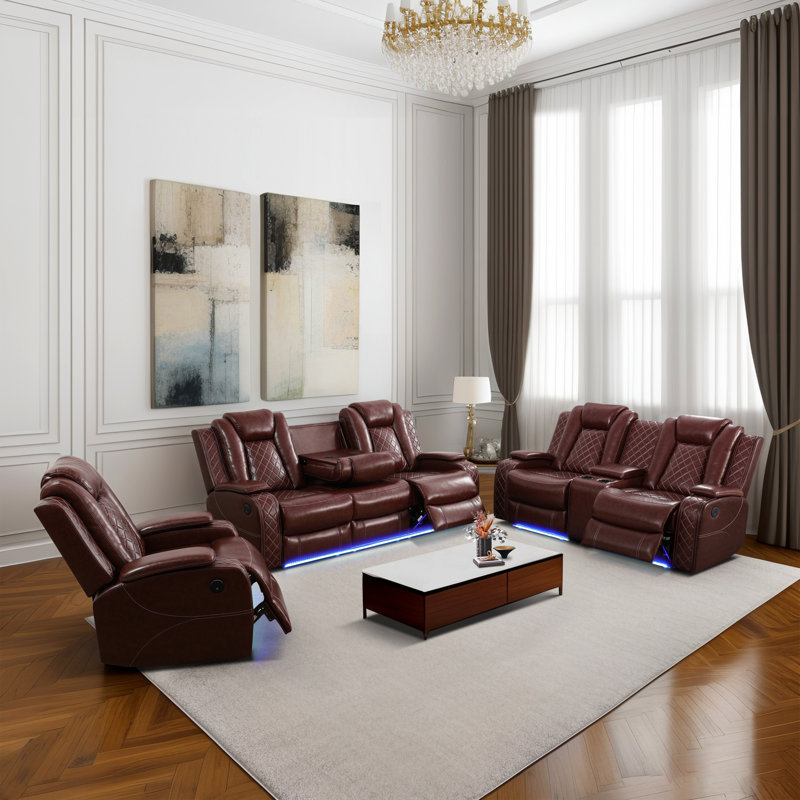 Red beans Breathing Living Room Power Sectional Recliner Sofa set, LED Light and USB charger , Brown