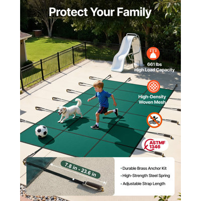 Inground Pool Safety Cover, 16 ft x 30 ft Rectangular Winter Pool Cover, Triple Stitched, High Strength Mesh PP Material with Good Rain Permeability, Installation Hardware Included, Green